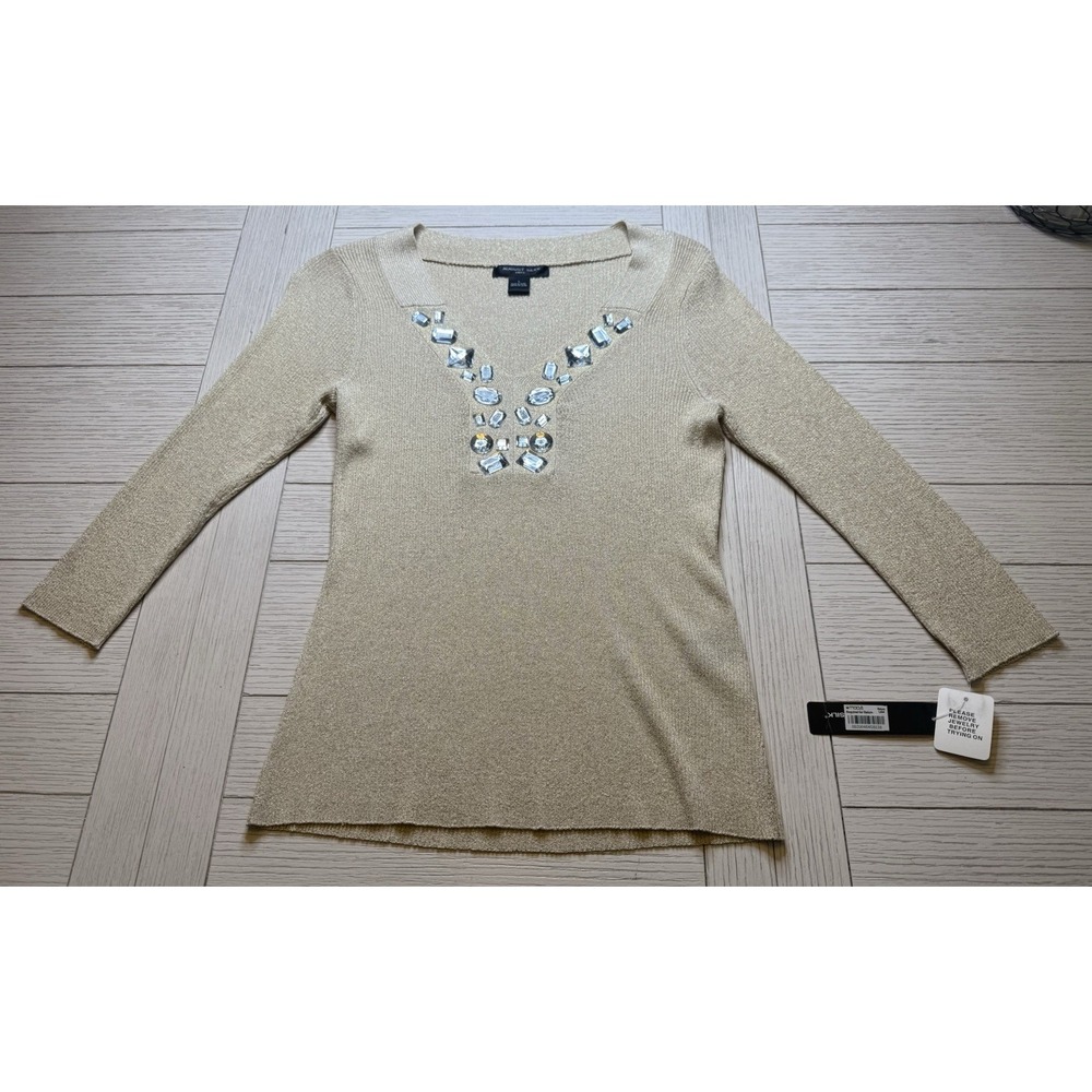 VTG August Silk‎ Gold Metallic Knit Beaded Holiday Elegant Glam Sweater Sz L NWT